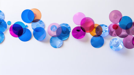A vibrant collection of colorful circular acrylic pieces in blue, pink, and orange arranged neatly on a white background. Perfect for artistic projects.の素材
