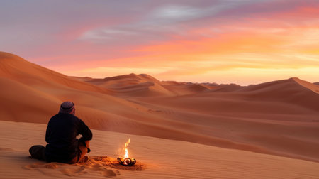 A solitary figure sits next to a small fire in the expansive desert during a vibrant sunset, surrounded by rolling sand dunes and a captivating sky.の素材