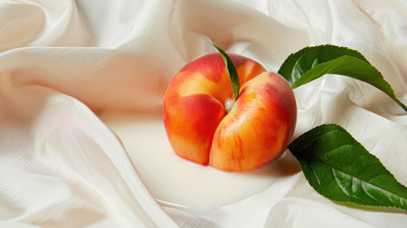 A beautifully arranged fresh peach sitting on silky fabric, accompanied by cream. This image evokes freshness and sweetness, ideal for culinary themes.の素材
