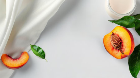 This image showcases a fresh peach slice alongside green leaves and a white fabric background, perfect for culinary or seasonal themes, emphasizing freshness and simplicity.の素材