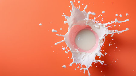A vibrant image featuring a splash of milk against a bright orange background. The dynamic scene showcases the fluid motion and artistic essence of milk, perfect for food enthusiasts.の素材