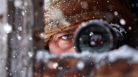 A dedicated shooter peers through a high-powered scope, surrounded by gently falling snowflakes in a tranquil winter setting, embodying focus and patience.の素材