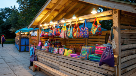 A vibrant display of handcrafted bags at an outdoor market stall, illuminated softly in the evening light, showcasing creative designs and colors.の素材