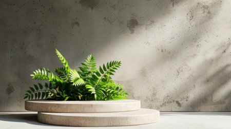 A serene and modern indoor setting featuring a lush green plant arrangement on a minimalistic plinth, illuminated by soft natural light.の素材