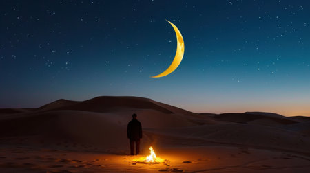 A solitary man stands beside a flickering fire in a serene desert, under a magnificent crescent moon and countless stars, evoking calm and adventure.の素材