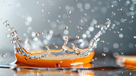 A vibrant orange slice creates a stunning splash in crystal clear water, showcasing dynamic bubbles and reflections in a soft, illuminated background.の素材