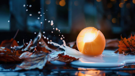 A vibrant orange citrus fruit half splashes in white liquid, surrounded by autumn leaves and a soft bokeh background, capturing seasonal beauty.の素材