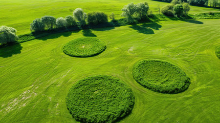 This stunning aerial shot captures circular green patches in a vibrant green field, illuminated by bright sunlight under a clear blue sky, showcasing nature's beauty.の素材