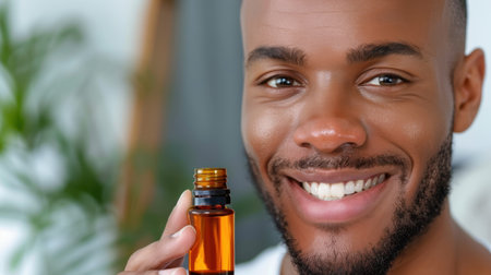 A joyful man smiles while holding a bottle of essential oil in a bright indoor space, surrounded by greenery, showcasing wellness and beauty themes.の素材