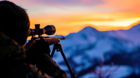 A silhouette of a hunter aiming through a scope while overlooking a serene mountain landscape at sunset. The vibrant colors of dusk create a tranquil atmosphere in the cold winter air.の素材
