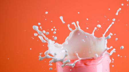 A vibrant image capturing the dynamic splash of milk from a pink container against a striking orange background, showcasing fluid motion and creative photography.の素材