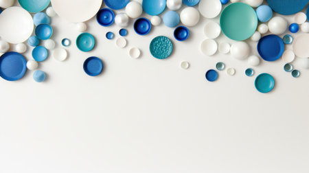 A visually striking arrangement of circular shapes in varying sizes and shades of blue and white against a clean white background, ideal for creative projects.の素材