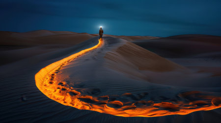 A mesmerizing nighttime desert scene featuring a serene path outlined by glowing footprints. The moon hangs above, casting light on the tranquil dunes, creating an enchanting atmosphere.の素材