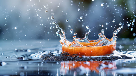 A stunning close-up of a fresh fruit slice creating a beautiful splash in clear water, capturing the essence of nature and vitality in a vibrant setting.の素材
