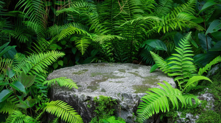 A stunning display of lush green ferns and a moss-covered stone create a serene ambience in this tropical forest setting, perfect for nature enthusiasts.の素材