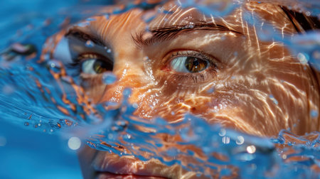 This stunning close-up captures a woman's face submerged in water, showcasing intricate light reflections and bubbles for a serene, dreamlike atmosphere.の素材
