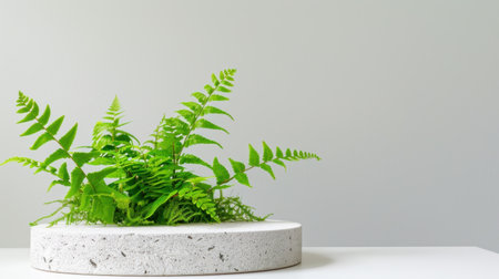 A beautiful arrangement of lush green ferns in a sleek round planter adds a touch of nature to any modern interior space, enhancing tranquility and style.の素材