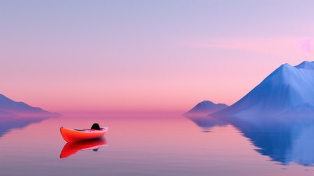 A tranquil scene of a single kayak on a smooth lake at sunrise, framed by majestic mountains and a pastel sky, ideal for outdoor enthusiasts and travel lovers.の素材
