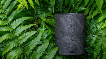 A modern black cylinder planter made of stone rests among vibrant green fern leaves, creating a tranquil and stylish natural arrangement perfect for home dの素材