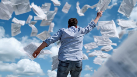 A young man joyfully throws papers into the air against a stunning blue sky, symbolizing creativity and freedom, capturing a spontaneous moment of bliss.の素材
