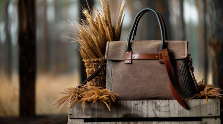 A beautifully crafted handbag styled amidst wheat in a rustic setting, showcasing elegance and a natural aesthetic perfect for fashion enthusiasts.の素材