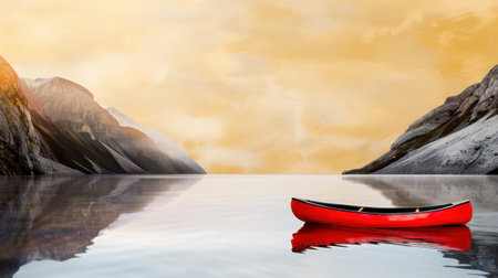 A vibrant red canoe rests on the smooth surface of a tranquil lake during sunset, surrounded by stunning mountains and soft golden light.の素材