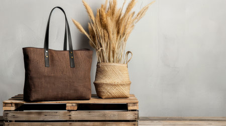 A chic brown tote bag rests on a wooden pallet alongside a decorative vase containing wheat, creating a stylish and rustic interior scene.の素材