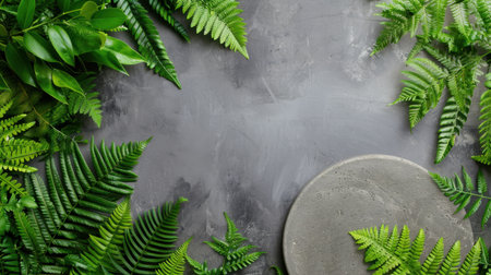 A serene arrangement of green ferns and leaves on a textured grey surface, perfect for conveying freshness, nature, and organic aesthetics in any design.の素材