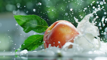 A vibrant red apple with a green leaf surrounded by splashes of milk, creating a fresh and invigorating scene perfect for food photography.の素材
