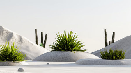 A serene desert landscape showcasing vibrant green cacti and succulents atop white sandy mounds. The minimalist style creates a tranquil and peaceful atmosphere, ideal for nature-themed projects.の素材