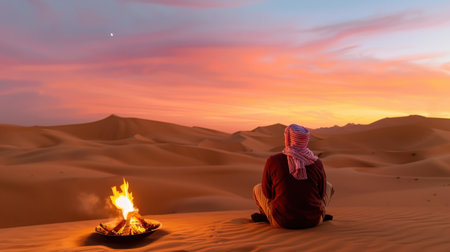 A serene scene featuring a person meditating by a campfire in a vast desert. The vibrant sunset sky creates a calming atmosphere, perfect for reflection.の素材