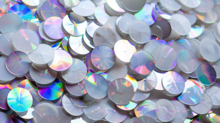 This image showcases an array of shiny, circular sequins that reflect a rainbow of colors. The iridescent effect against a white background enhances the festive feel suitable for various creative projects or celebrations.の素材