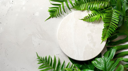Beautiful composition featuring a round white stone surrounded by lush green ferns on a light textured surface, ideal for nature-inspired design projects.の素材