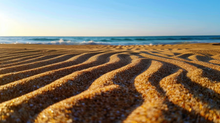 A close-up view of pristine beach sand with gentle ripples, captured under a vibrant blue sky and soft waves lapping at the shore, exuding tranquility.の素材