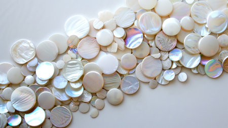 A mesmerizing array of natural shell buttons featuring varying shapes and sizes, showcasing soft reflections and intricate textures on a clean background.の素材