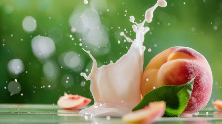 A visually striking image of a fresh peach with cream splashing around it, set against a vibrant green background, symbolizing freshness and summer.の素材