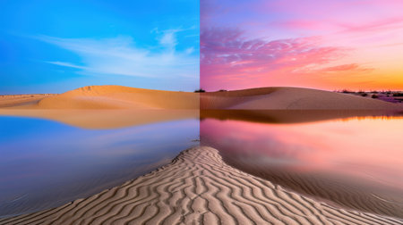Experience the captivating contrast of a stunning desert landscape showcasing sand dunes bathed in the vibrant colors of sunrise and sunset, reflected in calm water.の素材