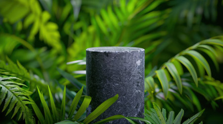 This serene image features a cylindrical stone set against a backdrop of vibrant green leaves, creating a peaceful ambiance ideal for natural and artistic designs.の素材