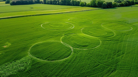 This captivating aerial view showcases unique circular patterns in a vast green field, highlighting the beauty of nature and the mystery of agricultural design.の素材
