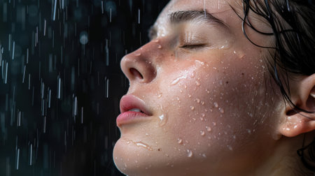 A captivating close-up image of a young woman immersed in a moment of tranquility under gentle rainfall, exemplifying purity and relaxation.の素材