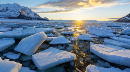 Witness the breathtaking beauty of a sunrise illuminating icebergs in a tranquil glacial landscape. This scenic view captures the essence of nature's icy wonder.の素材