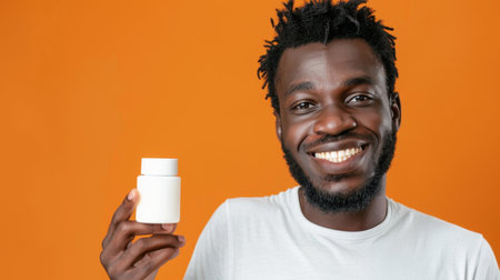 A cheerful man smiles while holding a white container on a bright orange background, emphasizing a healthy lifestyle and natural products for wellness.の素材