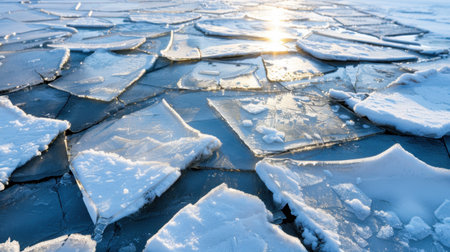 A stunning winter scene showcasing fragments of ice on a frozen lake, illuminated by bright sunlight. The textures and reflections create a tranquil atmosphere.の素材