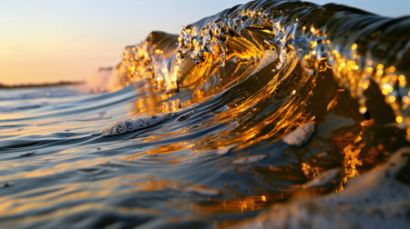 This breathtaking image captures a close-up of a majestic ocean wave reflecting golden sunlight during sunset, showcasing nature beauty and serenity.の素材