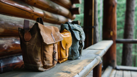 Three vintage backpacks in earthy tones sit on a rustic wooden shelf inside a forest cabin, capturing a serene outdoor vibe perfect for adventure seekers.の素材