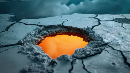 A captivating image of a crack in the earth revealing a vibrant lava pool. The fiery glow contrasts against the textured surface, embodying nature's power and beauty.の素材