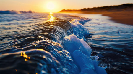 A stunning view of ocean waves gently rolling towards the shore at sunset, illuminated by warm golden light. This tranquil scene evokes a sense of peace and relaxation.の素材