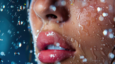 A captivating close-up of a water-drenched face featuring glistening droplets that evoke beauty and emotion, highlighting skin texture and expression.の素材