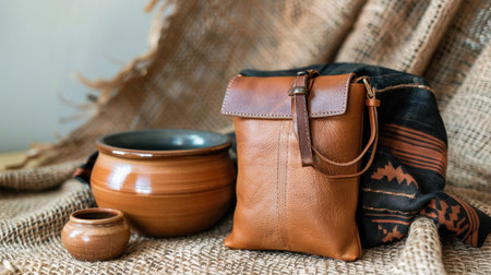 This image features an elegant leather bag alongside traditional pottery and a textile backdrop, embodying craftsmanship and authentic design elements.の素材