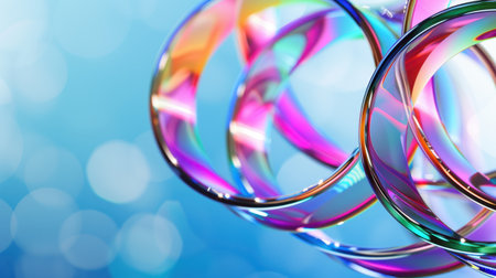 This vibrant image features colorful abstract rings with glowing effects set against a soft blue background, ideal for modern design projects.の素材